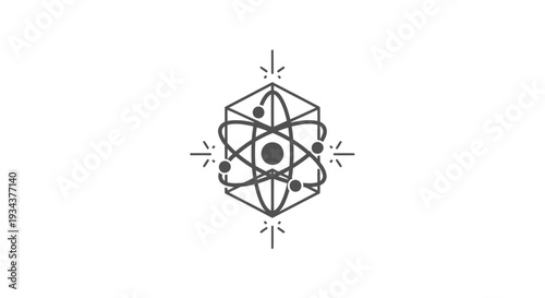 Atomic structure graphic with nucleus and orbiting electrons in geometric hexagon frame