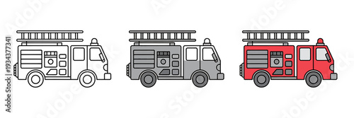 Fire trucks in different colors and styles for design and illustration purposes