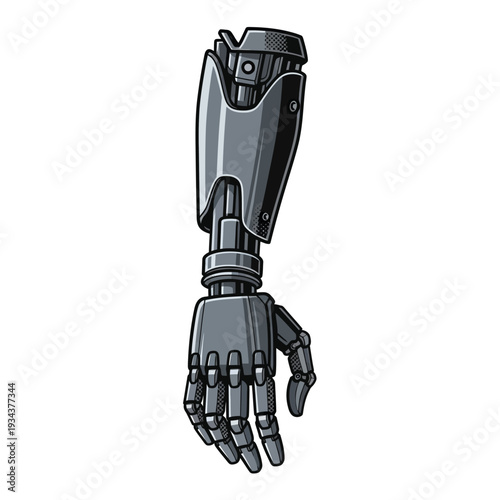 Detailed Vector illustration of a futuristic bionic robotic arm, showcasing advanced artificial intelligence and prosthetic limb technology, ready for integration