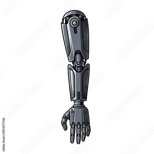 Vector illustration of a robotic arm with a detailed mechanical design, showcasing advanced technology and artificial limb concepts