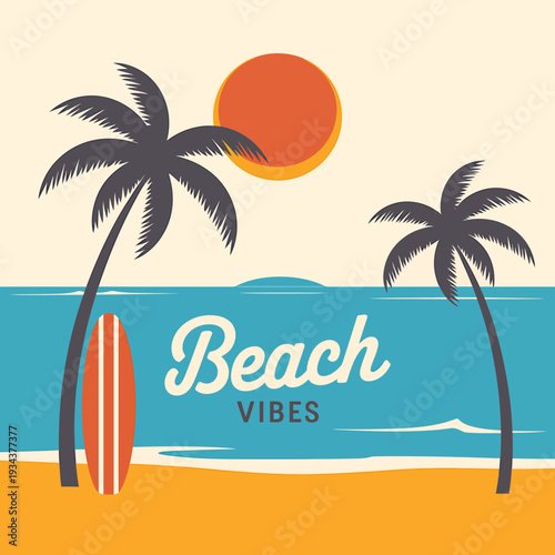 Beach scene with palm trees surfboard and sun  tropical vacation spot
