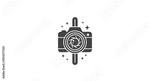 Camera lens aperture icon with sparkles