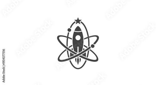 Rocketship orbiting atom symbol, science and space exploration concept icon
