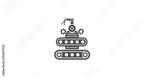 Industrial robot arm on conveyor belt with gears icon