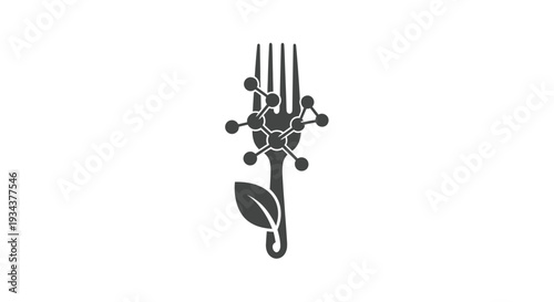 Fork with molecular structure and leaf icon, representing food science and innovation