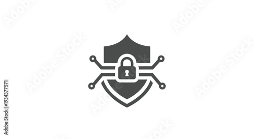 Digital Security Shield Icon with Padlock and Circuit Lines