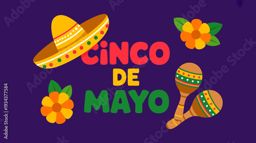 Cinco de Mayo celebration with sombrero maracas and flowers on purple background