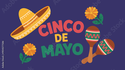 Cinco de Mayo celebration with sombrero maracas and flowers on blue background