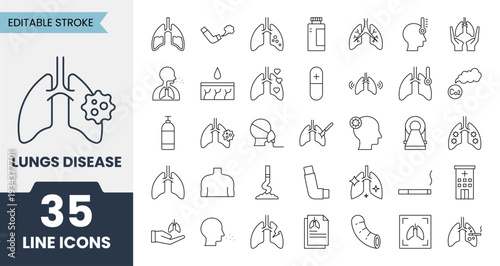 Lungs Disease line icons set with editable stroke. Vector illustration