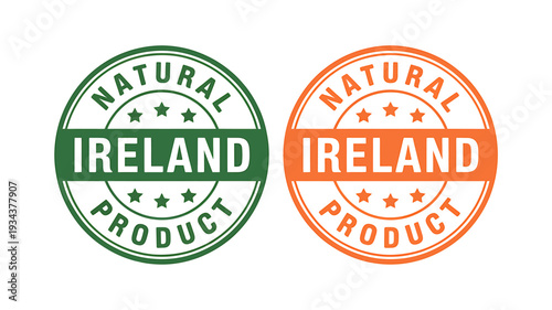 Green and orange natural product stamps from Ireland on white background