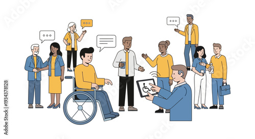 Modern illustration of diverse people communicating, showcasing accessibility and inclusion in society and the workplace.