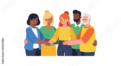 Diverse Group of People Embracing and Handshaking Illustrating Unity, Teamwork, Inclusion, and Community Support