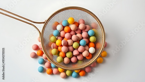  Golden sieve filtering colorful candy, leaving only spherical ones on top. menu design, packaging mockups, designed for culinary blogs and recipe cards for restaurants.