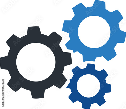 Three interlocking blue and dark gray gear wheels vector icon