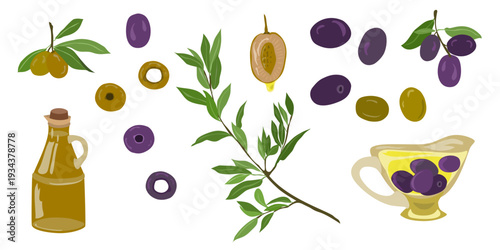 Hand Drawn Olive Set with Branch, Olive Oil Bottle and Bowl of Olives
