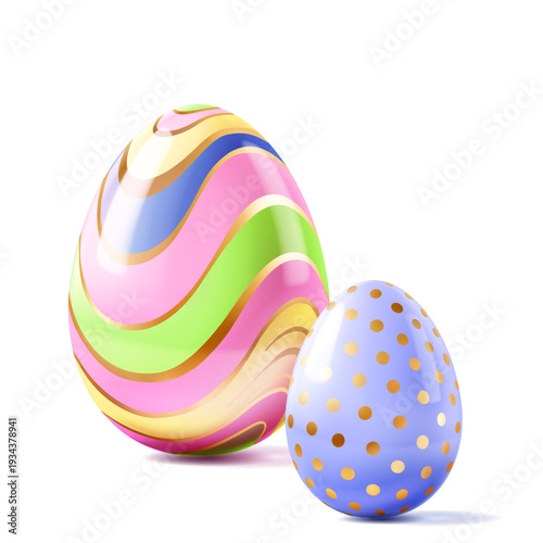 Easter illustration with colorful eggs with soft shadows on white background, shiny and reflective surface, gold accents.