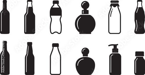 Collection of various bottles and containers, including beverage bottles, perfume bottles, and cosmetic dispensers