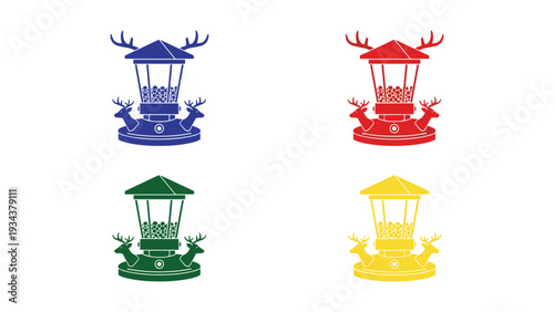 Four colorfully designed traditional asian architectural structures on a plain background