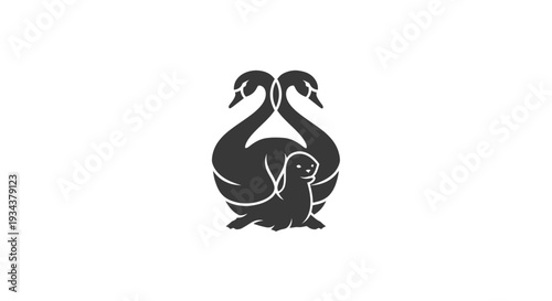 Stylized Silhouette of Two Swans Protecting a Seal Pup