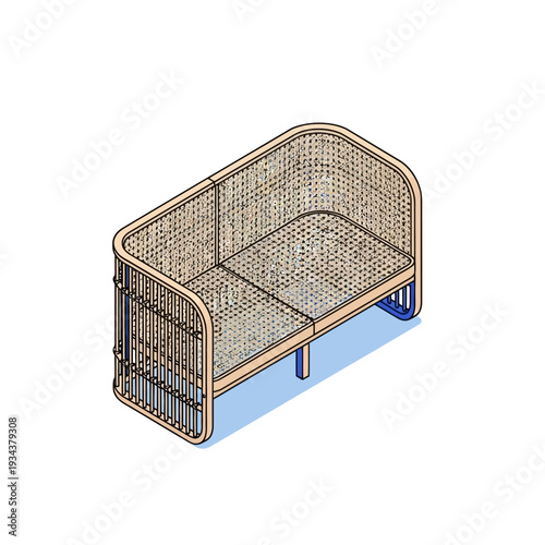 Modern Isometric Wicker Sofa Vector Illustration. Clean design for interior concepts, showcasing modular furniture elegance. Detailed rattan two-seater bench graphic element for lifestyle projects
