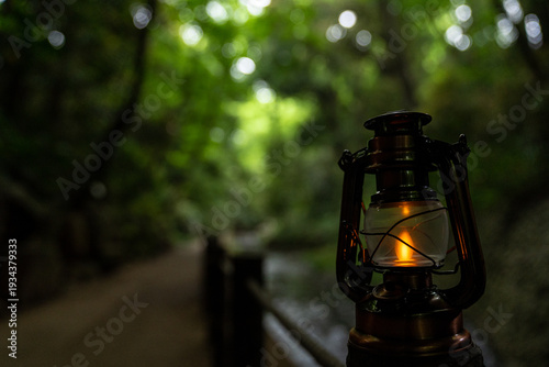 森の中を流れる川とアンティークランタ