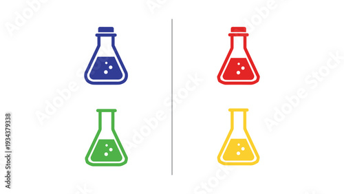 Four colored laboratory flasks arranged in a square formation