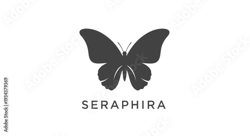 Minimalist dark grey butterfly silhouette logo with brand name Seraphira