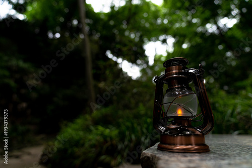 森の中を流れる川とアンティークランタ