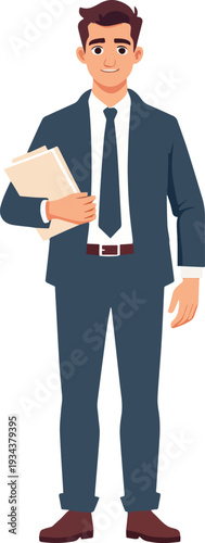 uomo vestito giacca e cravatta con documenti in mano assistente ufficio segretario del lavoro vettoriale 