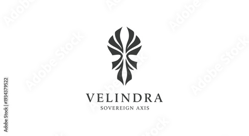 Abstract symmetrical logo design with elegant curves and text "VELINDRA SOVEREIGN AXIS"