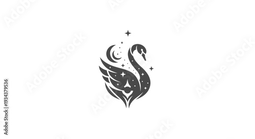 Elegant Swan Silhouette with Crescent Moon and Stars