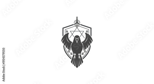 Mystical Bird Emblem with Geometric Symbols and Shield