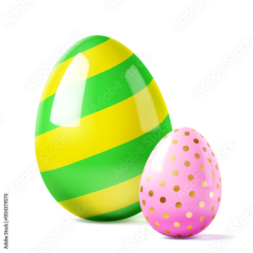 Two easter eggs with soft shadows on white background, one green and yellow striped, the other pink with gold polka dots.