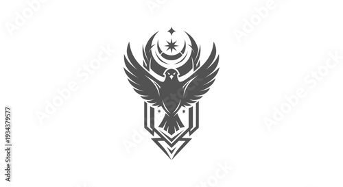 Eagle Emblem with Crescent Moon and Stars, Tribal Geometric Design