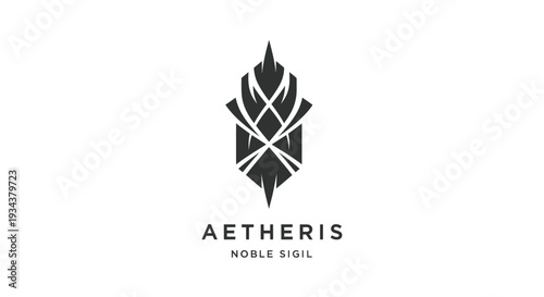 Modern abstract geometric logo emblem with text "AETHERIS NOBLE SIGIL" on white background