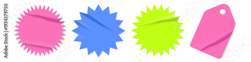 Y2K promotional starburst glued stickers set and hanging price tag in pink, blue and green. Star burst clip art for sale, discount, special offer and web marketing design. Vector illustration isolated