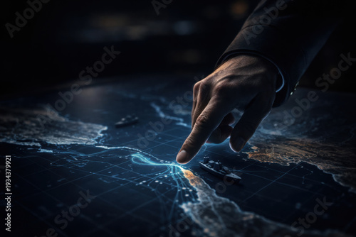 Hand points at digital map highlighting Strait of Hormuz, showcasing maritime routes and naval vessels in strategic context