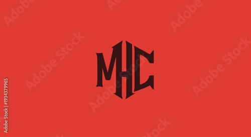 Monogram MHC initials, vintage logo design, gothic font, dark emblem on red.