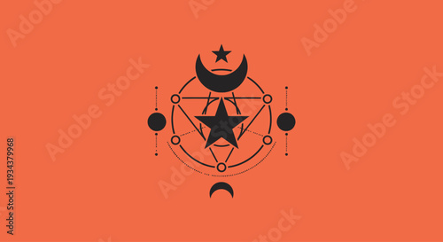 Esoteric Symbol with Moon and Stars on Orange Background