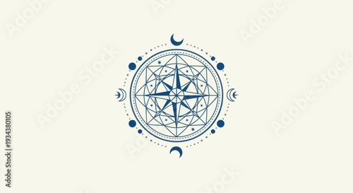 Geometric Compass Rose with Moon Phases and Stars, Esoteric Symbol