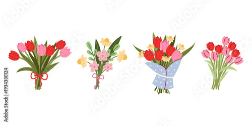 Set of different bouquets of tulips, daisies and wildflowers. Spring flowers for Mother's Day, holiday, birthday. Floristic collection of spring flower bouquets isolated on white background.