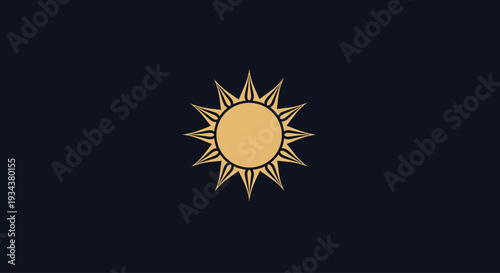 Golden sunburst graphic on dark background, minimalist design, abstract solar symbol