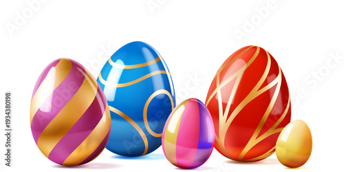 Easter illustration with colorful eggs and soft shadows on white background, eggs are decorated with golden stripes.