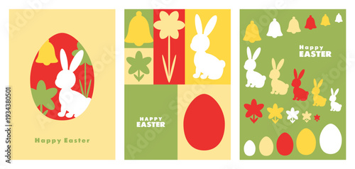 Set of cards with rabbit silhouette, egg, bell, floral elements in flat mosaic style in vibrant red, yellow, and green color. Easter poster, cover, postcard