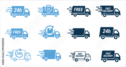 Delivery Truck Icons Set with 24h Free Fast Delivery Vector Illustration