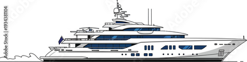Luxury motor yacht profile drawing suggests upscale maritime travel.