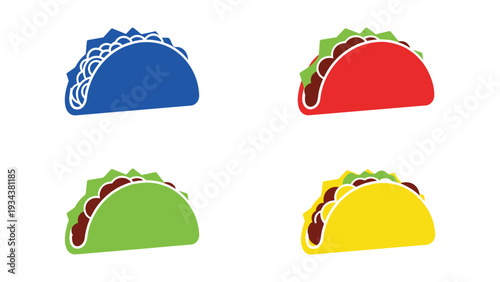 Four colorful tacos with different vibrant toppings and shells