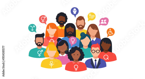 Global Diversity & Inclusion: Multi-Ethnic People with Gender Identity & Disability Symbols