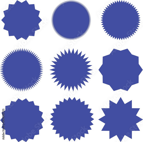 Set of circles with zigzag edges, Sunburst sticker shapes, Rounded starburst zigzag badge, spiky oval, circle and star shaped price tag, discount and sale label stickers, sale badge offer promo tag