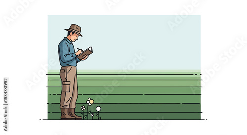 Botanist Inspecting Small Flowers in Field